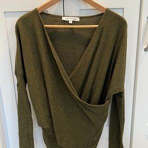 Olive Dark Green Wrap Drape Crossover V-Neck Top Size M